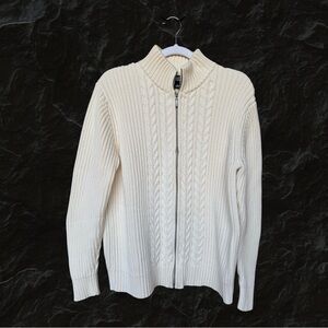 Vintage Lands End Sweater Womens Size Large Ivory Cable Knit Fisherman Full Zip